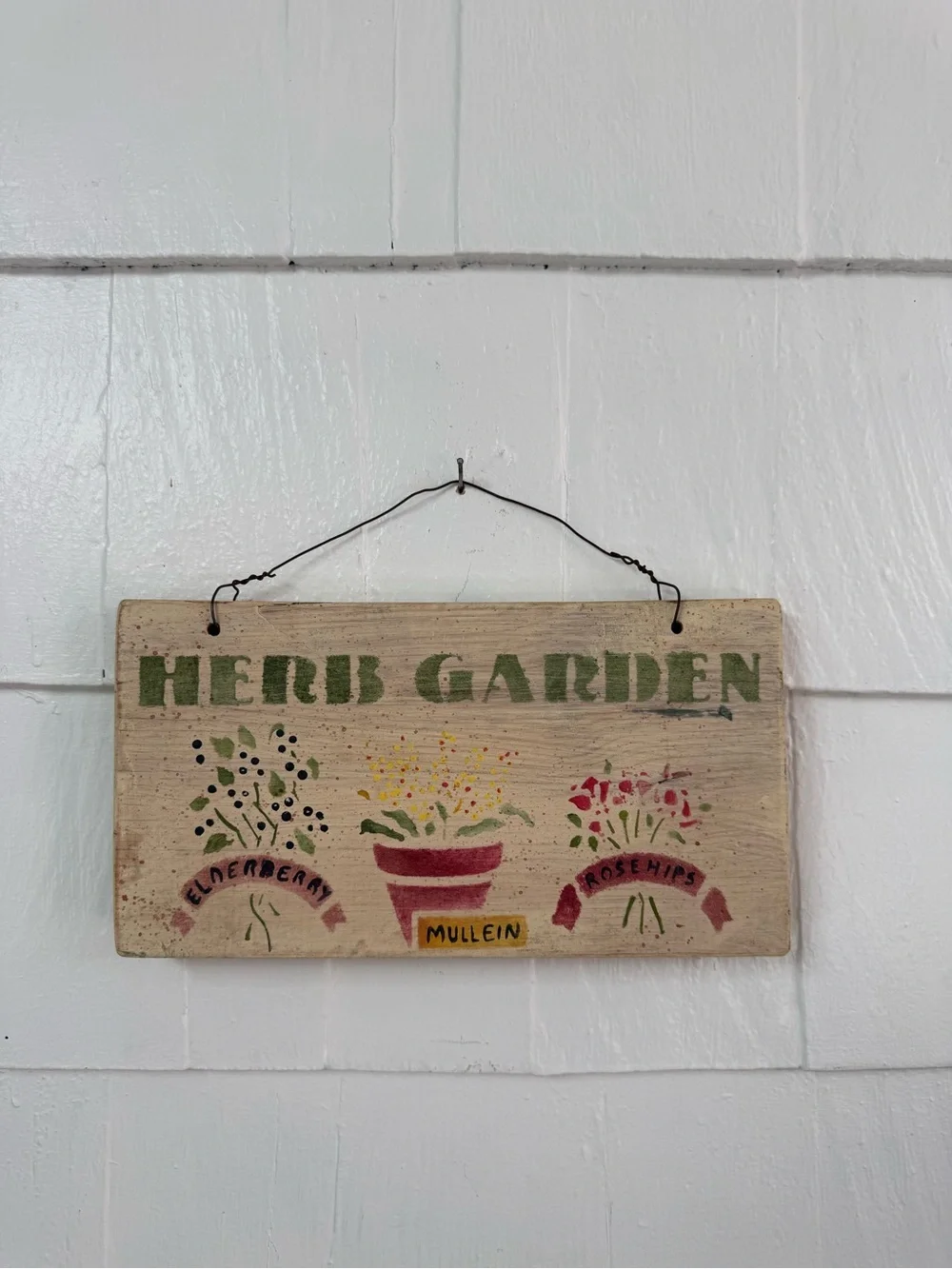 Wooden herb garden sign wire hang elderberry, mullein and rose hips handmade
